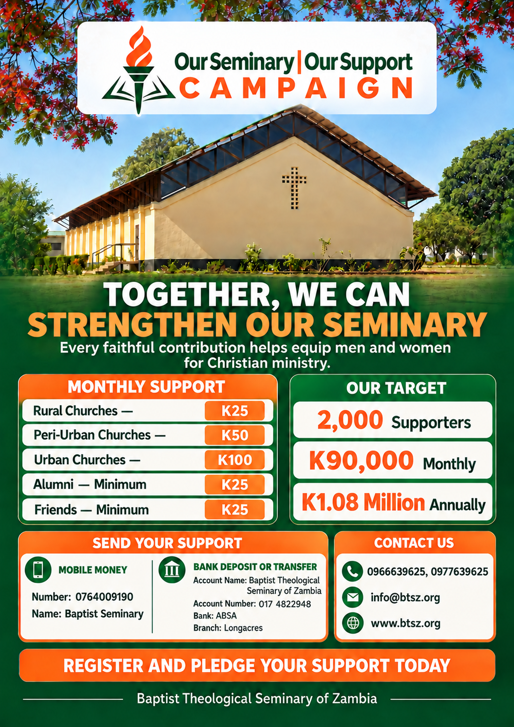 Our Seminary, Our Support Campaign flyer showing monthly support levels, campaign targets, payment methods and contact details